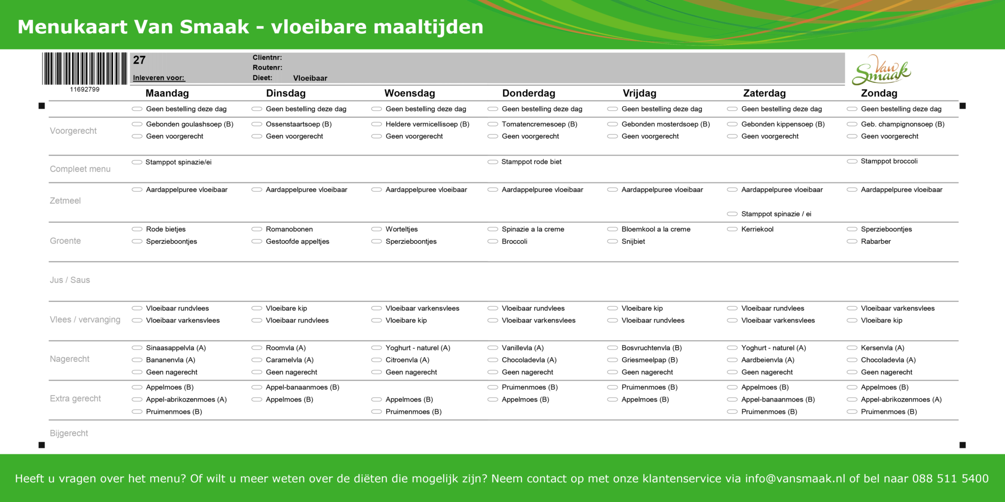 Menukaart vloeibare maaltijden