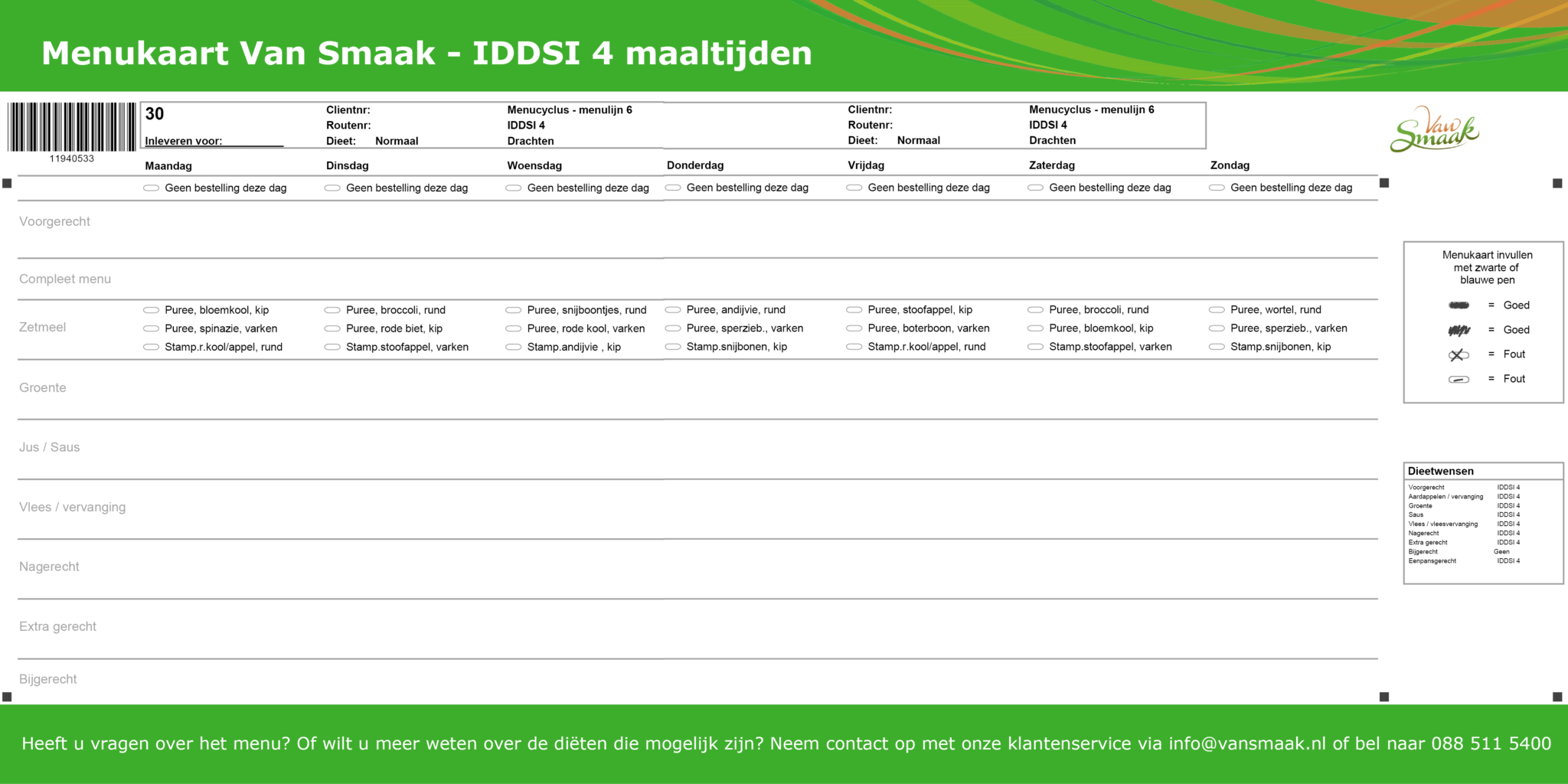 Menukaart vloeibare maaltijden